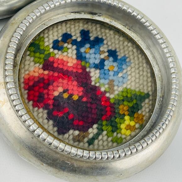 Vintage Aluminum 4” Floral Cross-Stitch Coaster Set of 5 - Picture 4 of 9